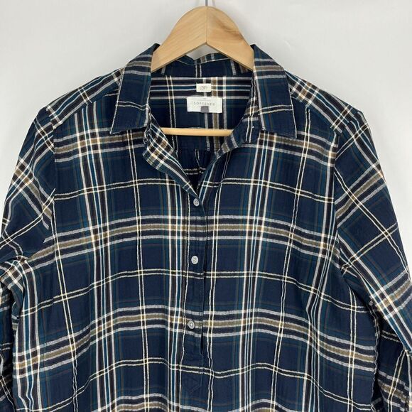 Loft Softened Top Size Large Women Navy Brown Plaid Long Sleeve Popover Shirt - Picture 2 of 7
